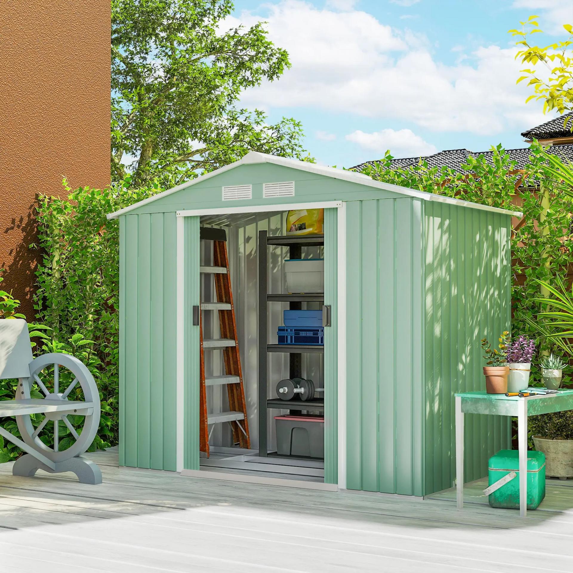 Caseta de Jardín 213x130x185 cm Cobertizo de Exterior Metálico para Almacenamiento de Herramientas Verde Claro
