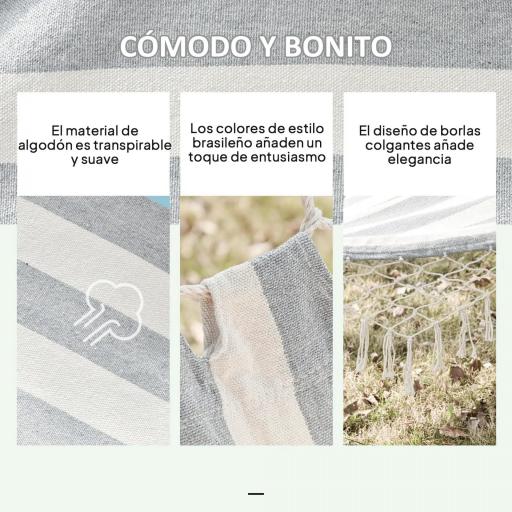 Hamaca de Jardín 200x100 cm con Travesaños de Madera Carga 120 kg Hamaca para Patio Terraza Balcón Gris y Crema [2]