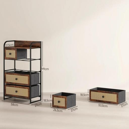 Cómoda para Dormitorio con 5 Cajones con Frentes de Ratán y Marco de Acero 58x29x99 cm Marrón Rústico [1]