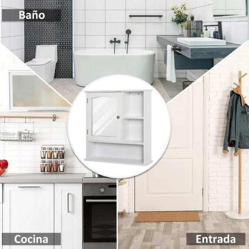 Armario de Baño con Espejo de Gran Almacenaje Armario Montado en la Pared con Estante Ajustable Interior y Estantes Abiertos 60x18x63 cm Blanco [3]
