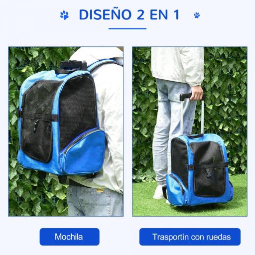 Transportín Carrito para Mascotas 2 en 1 Mochila de Viaje con 2 Ruedas para Perros Gatos con Asa Retráctil de Aluminio y Bolsillos de Almacenaje 42x25x55 cm Azul [5]