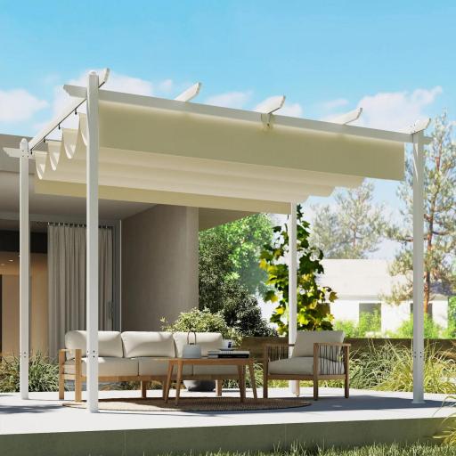 Pérgola de Jardín 4x3 m con Techo Retráctil Protección UPF30+ Drenaje Cenador de Jardín para Patio Exterior Beige [7]