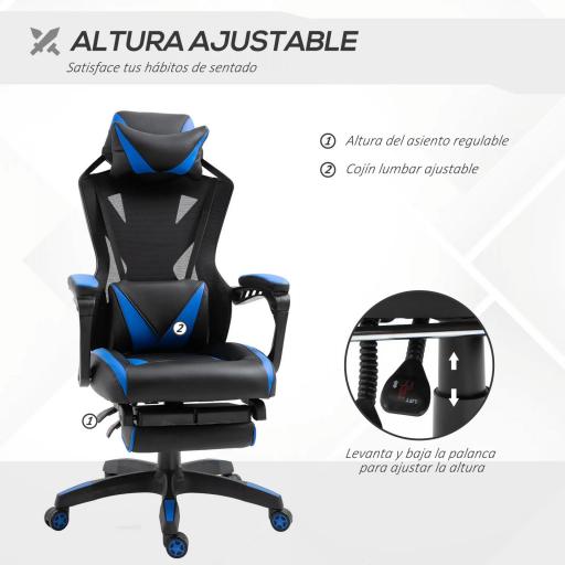Silla Gaming Ergonómica Silla de Escritorio para Oficina con Altura Ajustable Respaldo Regulable de 170° Almohada Lumbar y Reposapiés Retráctil 65x70x117-125 cm Azul [5]
