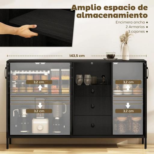 Aparador de 3 Puertas Aparador de Salón con 3 Cajones Estantes Ajustables para Cocina Entrada Negro 143,5x40x90 cm [2]