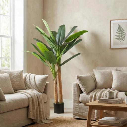 Árbol de Plátano Artificial 150 cm Planta Artificial Decorativa con Maceta y 2 Troncos para Hogar Oficina Salón Verde [8]
