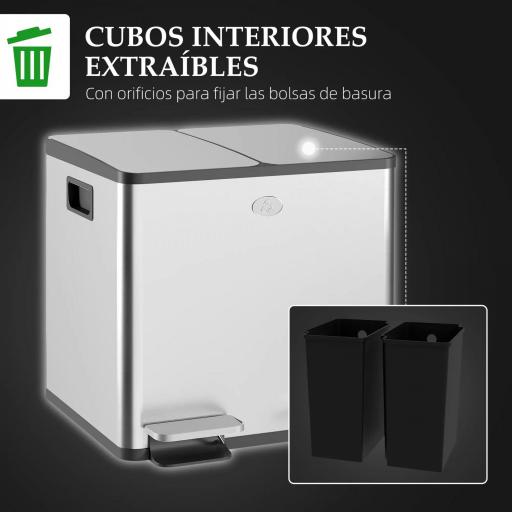 Papelera Cocina de Acero Inoxidable con 2 Compartimentos 2x15L Pedal Tapas de Cierre Suave y Cubo Extraíble Plata [6]