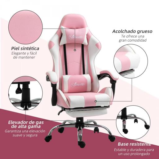 Silla Gamer Reclinable con Reposapiés Sillón Gaming con Reposacabezas Cojín Lumbar y Altura Ajustable 64x67x127 cm Rosa [2]