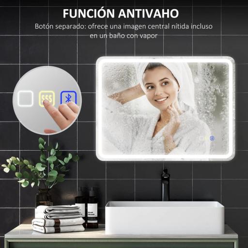 Espejo de Baño con Luz LED 80x60 cm con Bluetooth 3 Colores de Luz Reloj Digital Función Antivaho Función de Memoria [7]