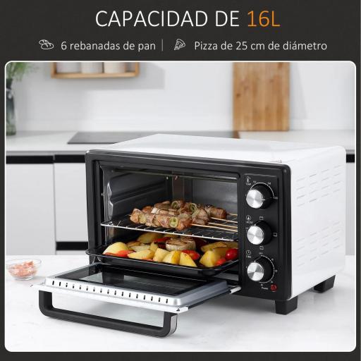 Horno Portátil 16L 1400W con 3 Modos de Calor Temporizador Bandeja de Horneado y Rejilla 44x32x28,1 cm Blanco y Negro [3]