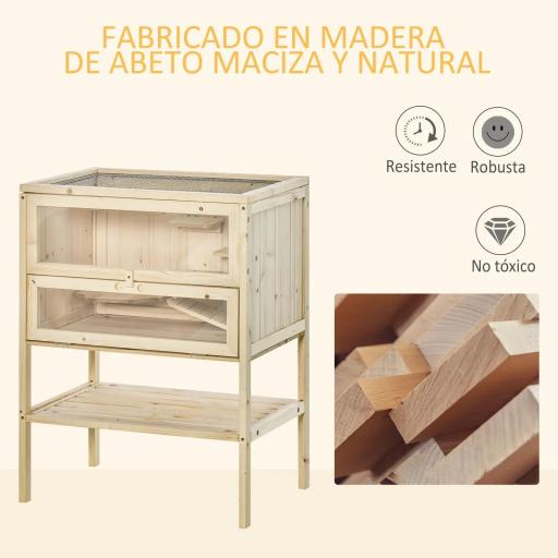 Jaula de Madera para Hámster Ratones Casa de Juegos con 5 Plataformas Rampa Techo Abatible Ventana Cristal Plástico y Estante Inferior 60x40x80 cm Natural [2]