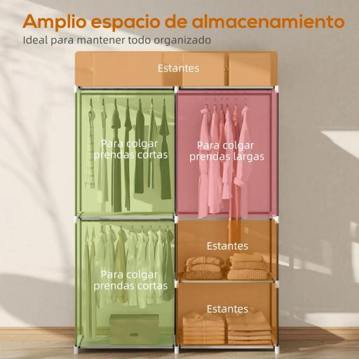Armario de Ropa Armario Abierto con 4 Estantes de Tela 3 Barras para Colgar Marco de Metal 142x43x185 cm Gris Claro [6]