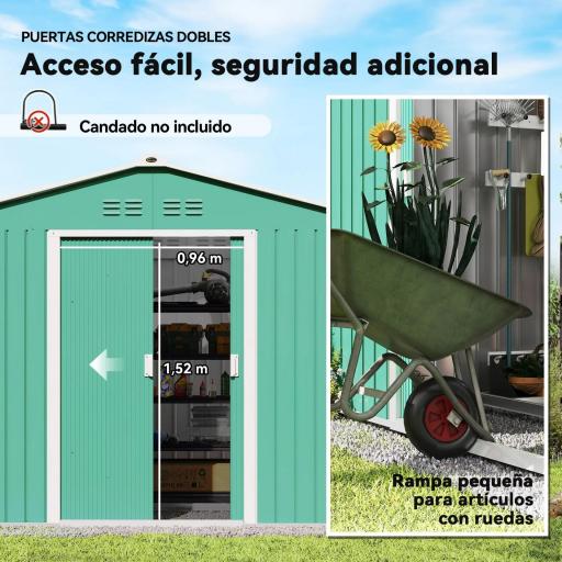 Cobertizo de Jardín 4,9 m² 277x195x192 cm con 2 Puertas Corredizas Techo Inclinado y 4 Ventanas Verde [3]