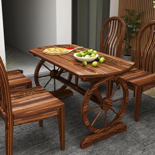 Mesa de Jardín de Madera de Abeto con Patas en Forma de Rueda Orificio para Sombrilla 120x63x70 cm Acabado Carbonizado [7]
