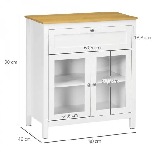 Aparador de Cocina Moderno Mueble Buffet Auxiliar con Cajón Estante Ajustable y 2 Puertas de Vidrio 80x40x90 cm Blanco [1]