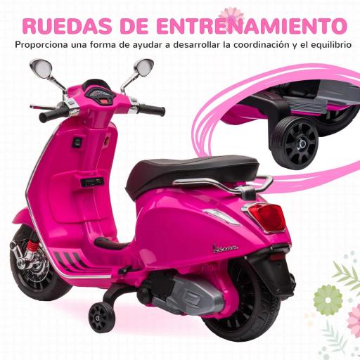 Moto Eléctrica para Niños de +3 Años con Licencia Vespa con USB MP3 Luz LED Radio FM Velocidad 3 km/h Carga 35kg Rosa [3]