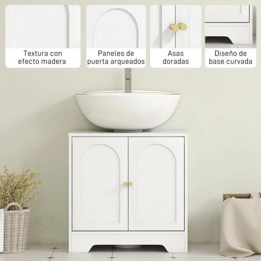 Mueble bajo Lavabo con 2 Puertas con Diseño de Arco Estante Ajustable Tiradores Dorados 60x30x65 cm Blanco [7]