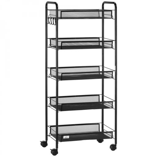 Carrito Auxiliar con Ruedas de 5 Niveles con Cestas de Malla Extraíbles y Marco de Acero 45x26,5x106 cm Negro [9]