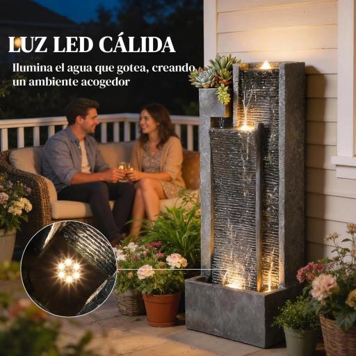 Fuente de Jardín con Luces LED Maceta y Bomba Fuente Decorativa en Cascada de 5 Niveles 38x19x101 cm Gris Oscuro [6]