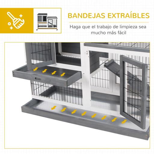 Conejera de Madera con Ruedas para Interior Jaula de 2 Pisos con Rampa y 2 Bandejas Extraíbles 110x50x88cm Gris [4]