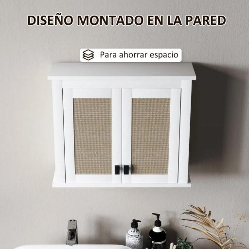 Armario de Pared para Baño Mueble de Baño Suspendido con 2 Puertas de Ratán PE Estante Ajustable 60x19,5x49,4 cm Blanco [4]