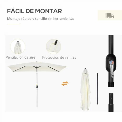 Sombrilla de Aluminio 200x300x253 cm Parasol Rectangular de Jardín Inclinable con Manivela y Poste Desmontable Crema [2]