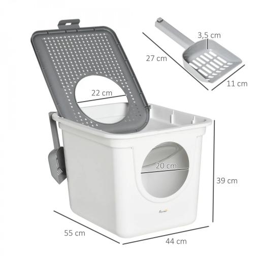 Arenero para Gatos Cubierto con Pala Inodoro para Gatos con 2 Puertas Principal y Superior 44x55x39 cm Blanco y Gris [1]