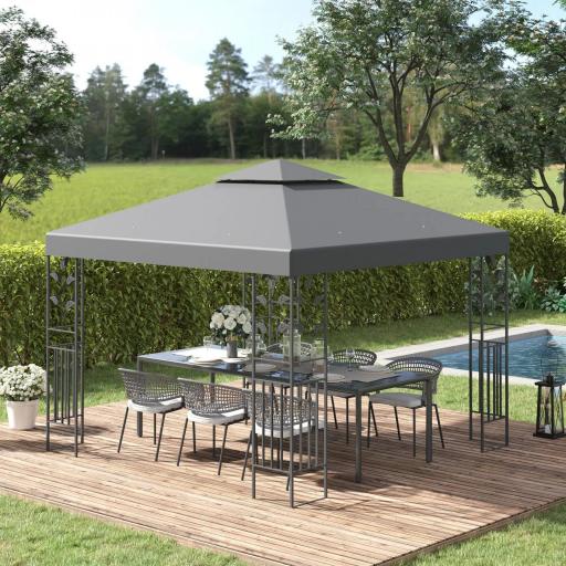 Cenador de Jardín 3x3m con Doble Techo Estructura de Acero Resistente al Agua para Exterior Patio 295x295x270 cm Gris
