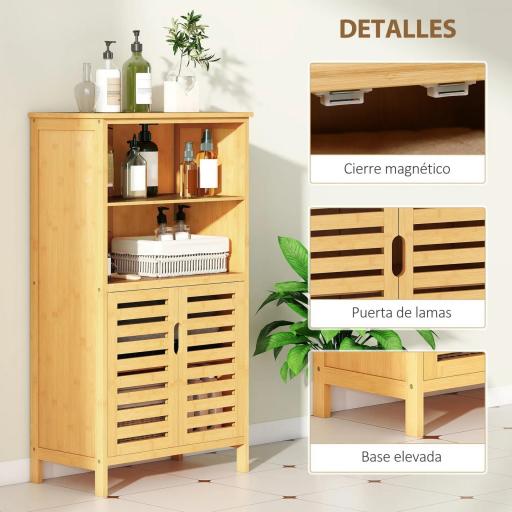 Mueble Auxiliar de Baño de Bambú Mueble de Baño con 2 Puertas 2 Estantes Abiertos y Patas Elevadas 50x29x92 cm Natural [5]