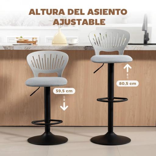 Juego de 2 Taburetes de Bar Giratorios en 360° Regulables en Altura de 84-105 cm Respaldo Hueco Reposapiés Gris [4]
