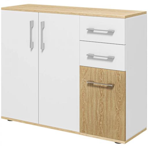 Aparador de Cocina con 2 Cajones 2 Armarios y Estantes Ajustables para Comedor 90x30x75,5 cm Blanco y Natural [9]