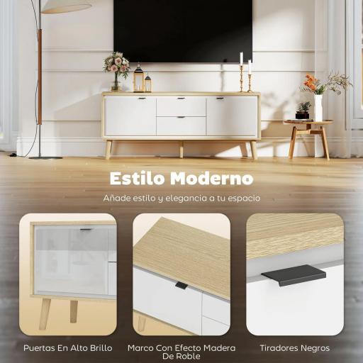 Mueble de TV Moderno de 2 Puertas 2 Cajones Orificios y Estantes Extraíbles 120x35x50 cm Blanco Brillo y Roble [5]