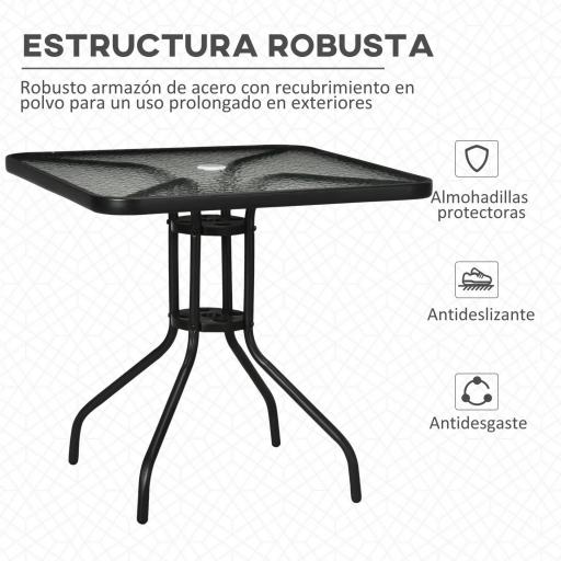 Mesa de Jardín Cuadrada 76x76x72 cm con Agujero para Sombrilla y Encimera de Vidrio Templado para Patio Terraza Negro [6]
