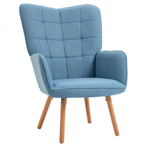 Sillón Individual con Respaldo Alto Reposabrazos Tela de Lino y Patas de Madera para Comedor Cocina 71x76x101cm Azul [8]
