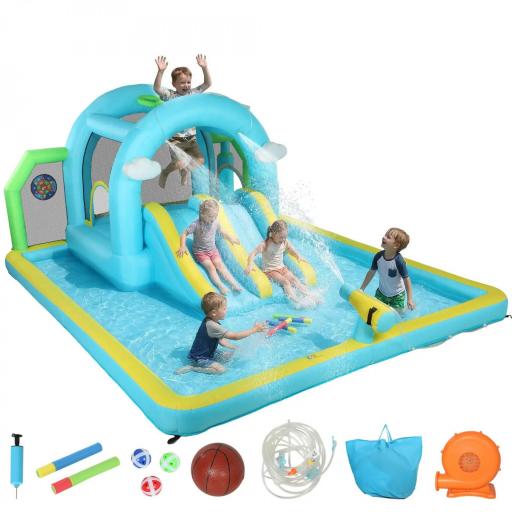 Castillo Hinchable Acuático 7 en 1 con Soplador 2 Toboganes Trampolín Piscina Canasta Columna de Boxeo 426x360x198 cm [9]