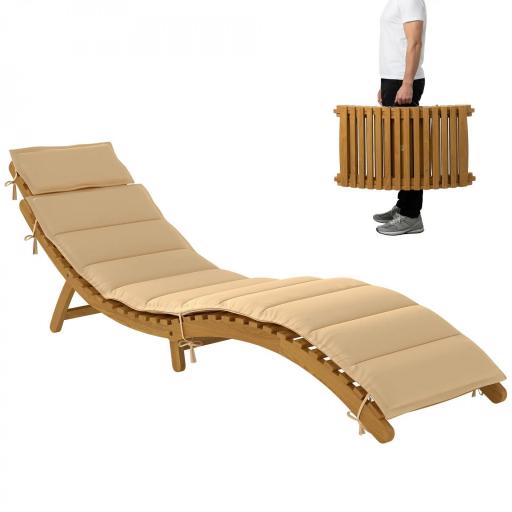 Tumbona Plegable de Madera de Acacia con Cojín Reposacabezas Asa de Transporte para Jardín Terraza 183x54x63 cm Beige [9]