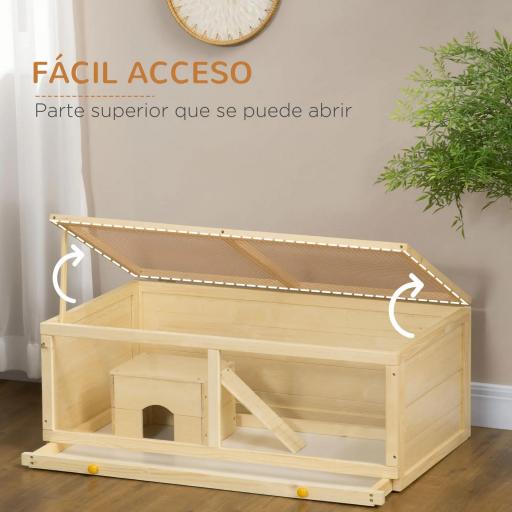 Jaula para Hámster de Madera con Techo Abatible Panel de Acrílico Bandeja Extraíble y Cabaña 100x58x38 cm Natural [5]