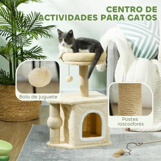 Árbol para Gatos Altura 66 cm Torre para Gatos con Cama Cueva Plataforma Bola Colgante y Poste de Yute Beige [4]