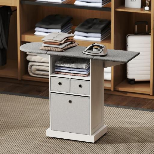 Mueble de Plancha con Ruedas Tabla de Planchar Plegable 3 Cajones de Tela 121x37x89,5 cm Blanco [5]