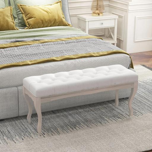 Banco para Pie de Cama con Pies de Madera y Asiento Acolchado Carga 120 kg para Entrada Pasillo 110x37x49 cm Crema