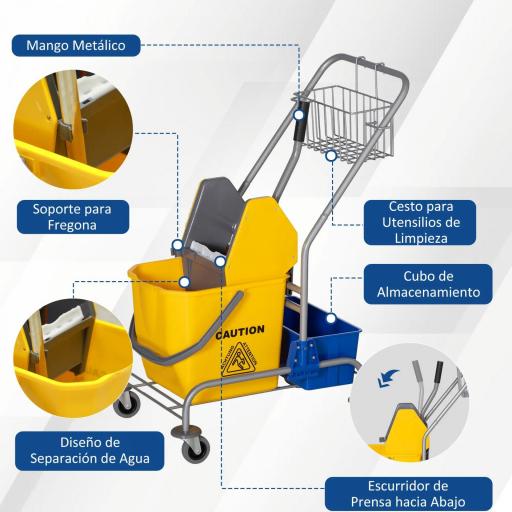 Carro de Limpieza con Cubos de Fregona de 25L Escurridor Cubeta y Estantes para Hotel Oficina 72x49,5x95 cm Amarillo [4]