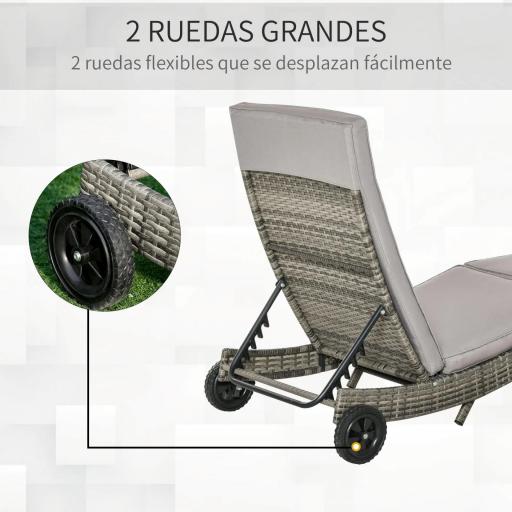 Tumbona de Jardín en Forma de S con 2 Ruedas Respaldo Ajustable en 5 Posiciones y Cojín Extraíble 207x70x70 cm Gris [4]