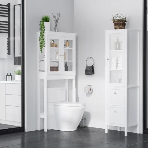 Armario Alto para Baño Mueble Columna de Baño con Puerta de Cristal Estantes Ajustables y 2 Cajones 43x35x160 cm Blanco