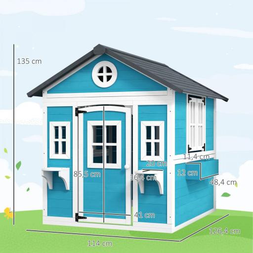 Casita de Madera Infantil con Puerta Ventanas Jardineras y Repisas con Detalles de Color 114x126,4x135 cm Azul [1]