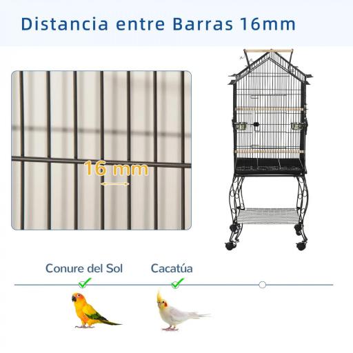 Jaula de Pájaros con Soporte Ruedas Bandeja Extraíble y Comederos para Canarios Periquitos 50x58x137-145 cm Negro [5]