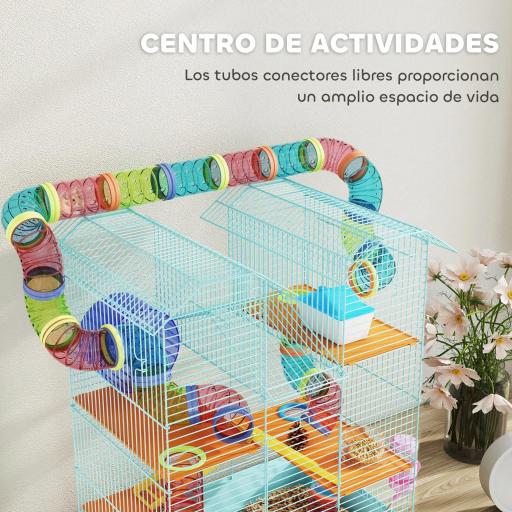 Jaula para Hámster de Múltiples Niveles con Tubos Plataformas Comedero Bebedero Casita Rueda Escaleras 47x30x59 cm Azul [6]