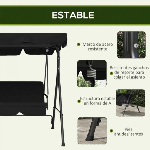 Balancín de Jardín Exterior Columpio de 3 Plazas con Toldo Ajustable y Marco de Acero para Terraza 172x110x153 cm Negro [4]