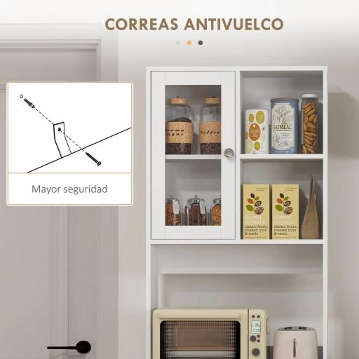 Alacena de Cocina Aparador con 2 Puertas de Vidrio Compartimentos 4 Cajones y Estantes Ajustables 60x35x180 cm Blanco [2]