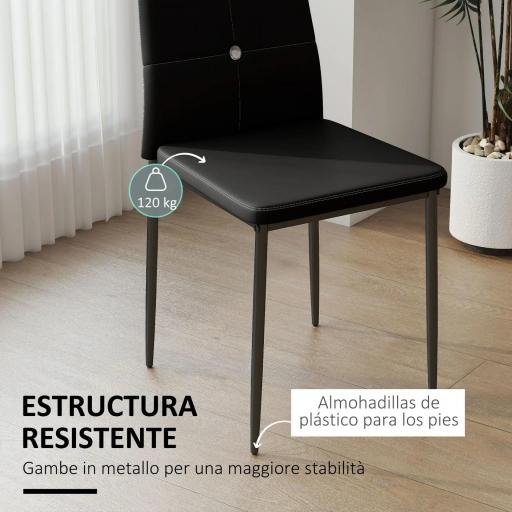 Juego de 6 Sillas de Comedor Tapizada en PU con Respaldo Alto con Botones y Patas de Acero Diseño Moderno Negro [3]