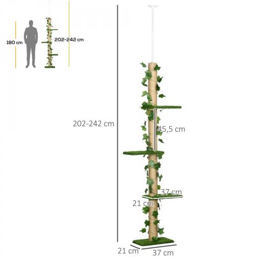 Árbol para Gatos del Suelo al Techo 37x21x202-242 cm con Altura Ajustable 4 Plataformas de Césped Artificial Verde [1]