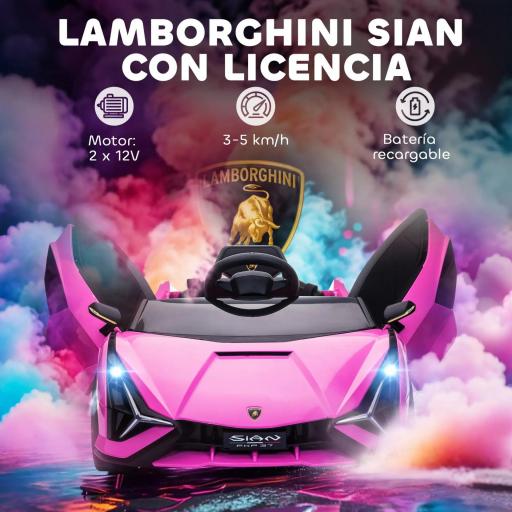 Coche Eléctrico para Niños de +3 Años Lamborghini SIAN Coche de Batería 12V con Mando a Distancia Apertura de Puerta Música MP3 USB y Faros 3-5 km/h 108x62x40 cm Rosa [3]